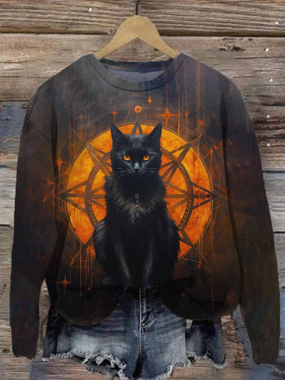 Unisex Halloween Dark Cat Print Casual Sweatshirt