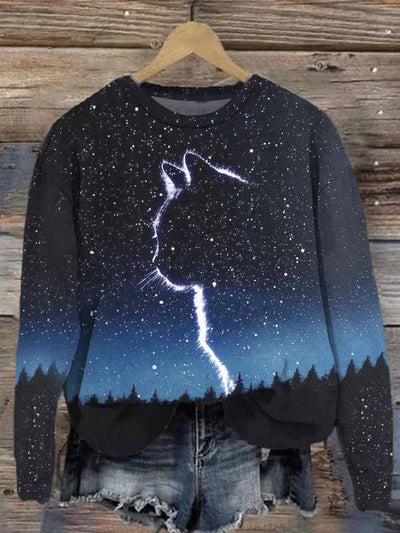 Unisex Starry Cat Print Casual Sweatshirt