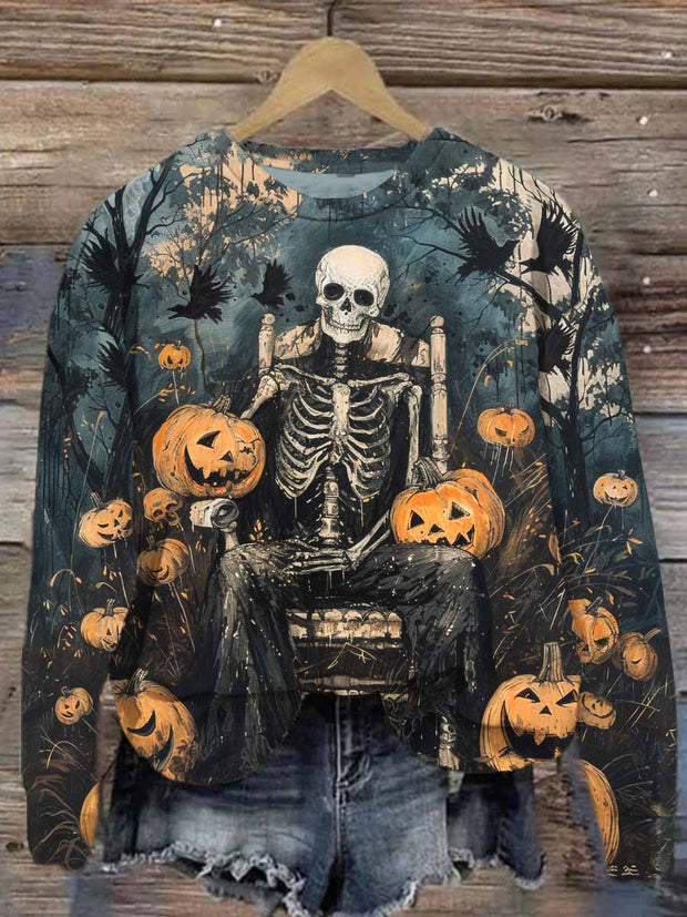 Unisex Halloween Skull Pumpkin Print Casual Sweatshirt