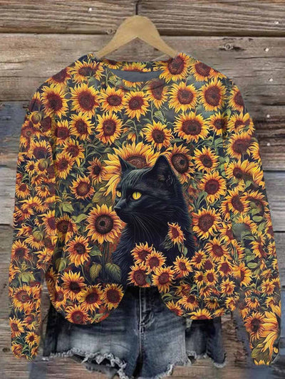 Unisex Sunflower and Cat Print Casual Sweatshirt