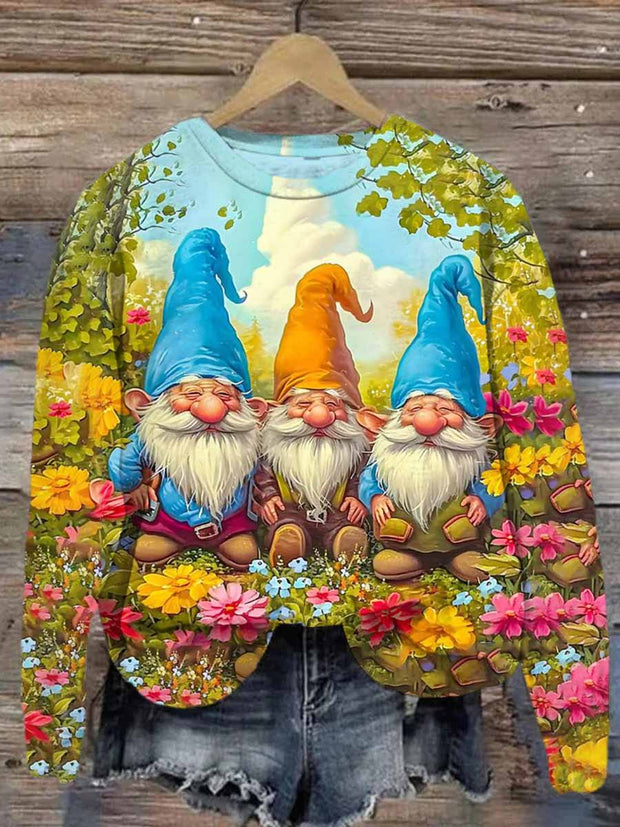 Unisex Floral Gnome Print Casual Sweatshirt