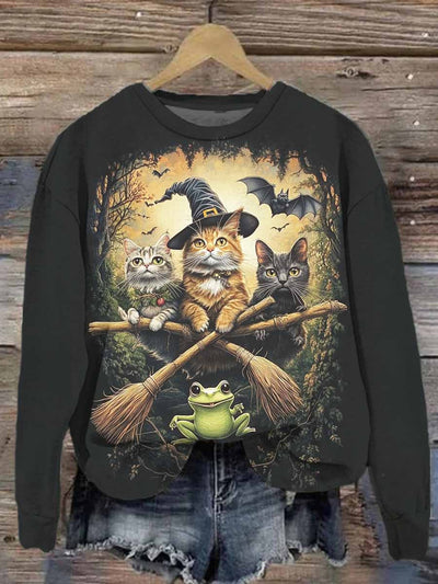 Unisex Halloween Flying Cats Printed Casual Sweatshirt