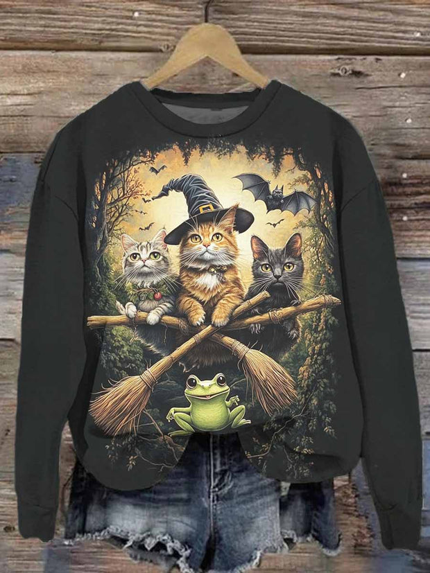 Unisex Halloween Flying Cats Printed Casual Sweatshirt