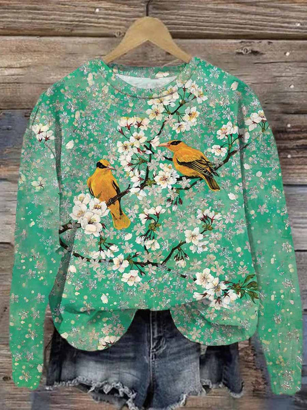 Floral Bird Print Round Neck Loose Long Sleeve Sweatshirt