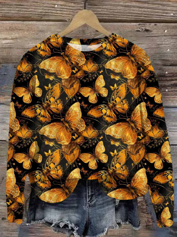 Gold Butterfly Print Round Neck Loose Long Sleeve Sweatshirt