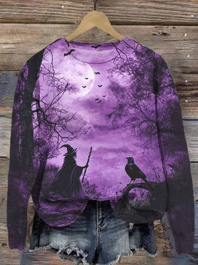 Unisex Witch Crow Print Casual Sweatshirt