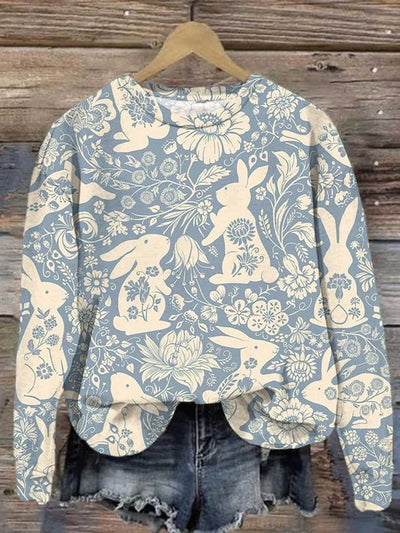 Cute Rabbit Floral Print Round Neck Loose Long Sleeve Sweatshirt