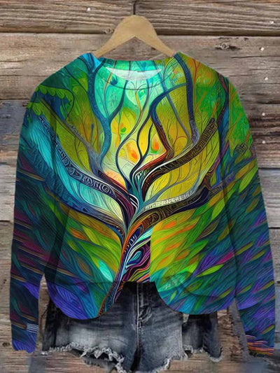 Abstract Tree of Life Print Round Neck Loose Long Sleeve Sweatshirt