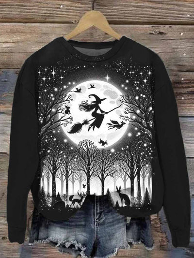 Unisex Halloween Flying Witch Print Casual Sweatshirt