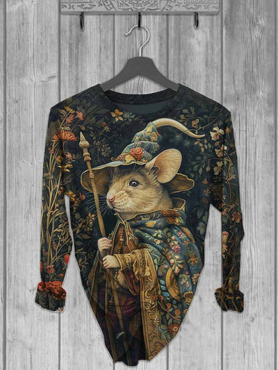 Unisex Cute Mouse Wizard Printed Casual Long Sleeve T-Shirt