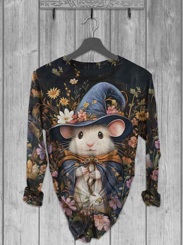 Unisex Cute Mouse Wizard Printed Casual Long Sleeve T-Shirt