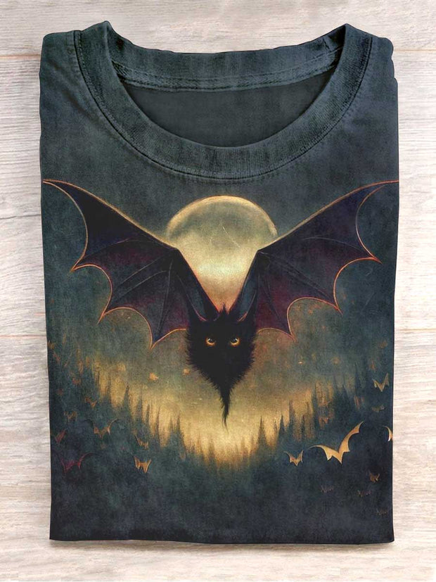 Unisex Midnight Bat Cat Print Casual T-Shirt