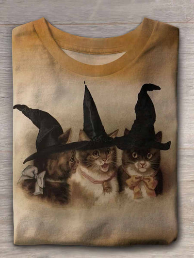 Unisex Halloween Cat Wizard Hat Printed T-Shirt