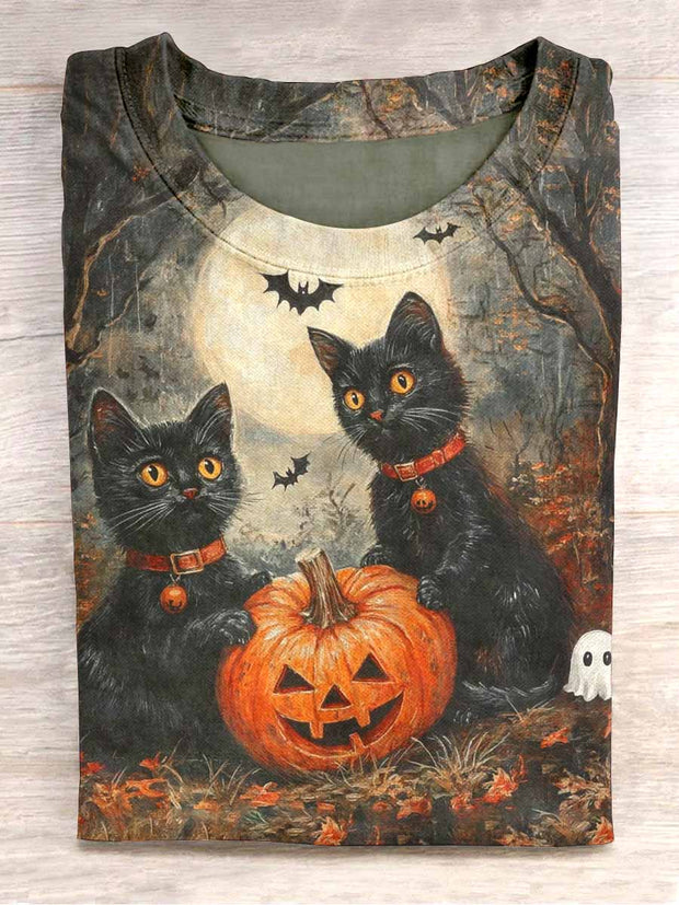 Unisex Halloween Cat Pumpkin Print Casual T-Shirt