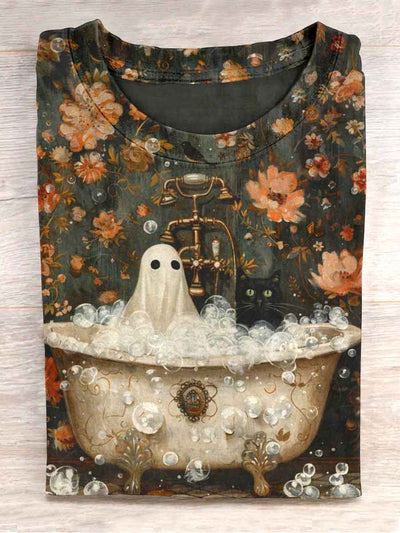 Unisex Halloween Spooky Cat Bathtub Printed Casual T-Shirt