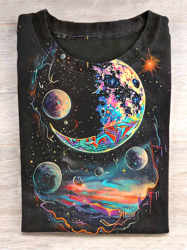 Unisex Colorful Planet Print Casual T-Shirt