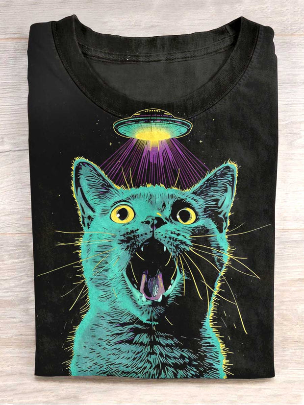 Unisex UFO Cute Cat Print Casual T-shirt