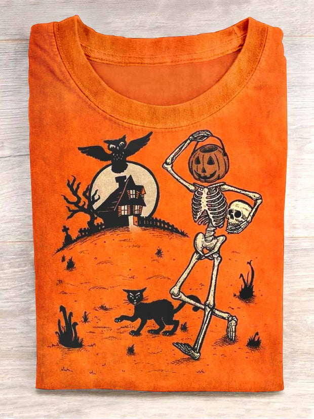 Unisex Halloween Skull Pumpkin Cat Printed Casual T-Shirt