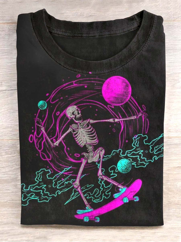 Unisex Skeleton Skateboard Print Casual T-Shirt