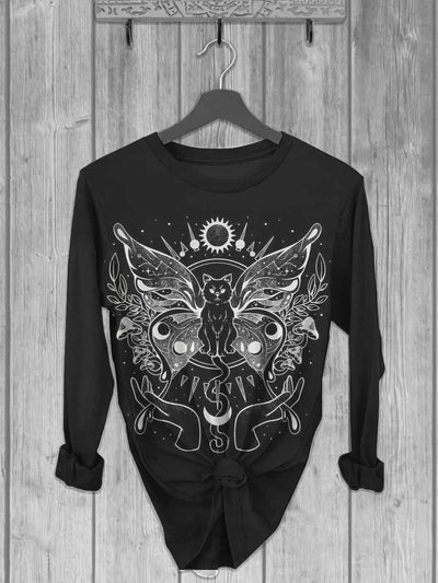 Unisex Abstract Cat and Butterfly Print Casual Long Sleeve T-Shirt