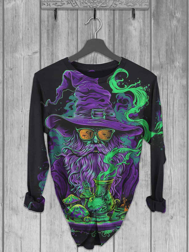 Unisex Halloween Wizard Print Casual Long Sleeve T-Shirt