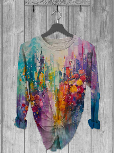 Unisex Oil Painting Floral Print Casual Long Sleeve T-Shirt