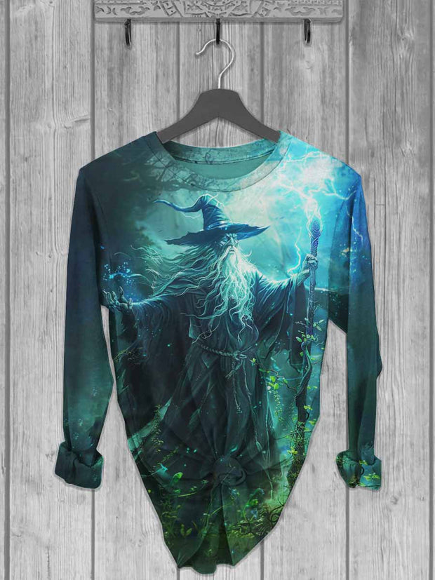 Unisex Halloween Wizard Print Casual Long Sleeve T-Shirt