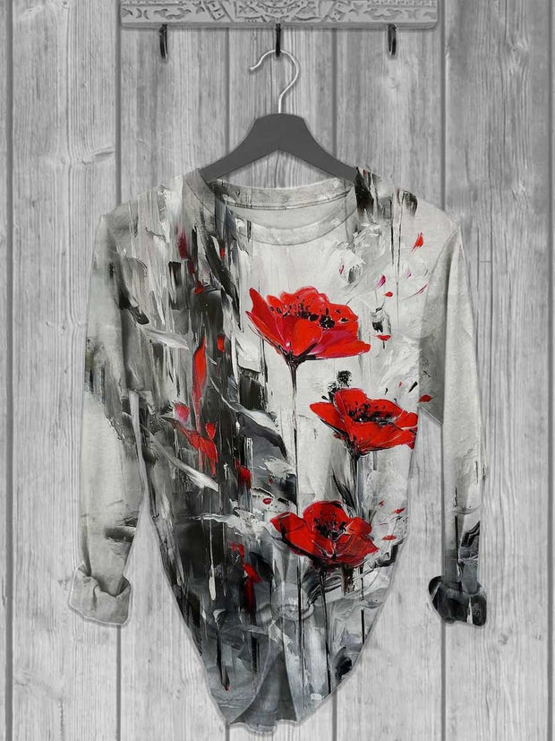 Unisex Oil Poppy Print Long Sleeve T-Shirt