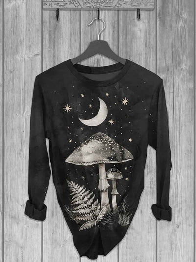 Unisex Mushroom Moon Print Casual Long Sleeve T-Shirt