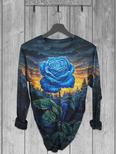 Blue Rose Print Casual Long Sleeve T-shirt