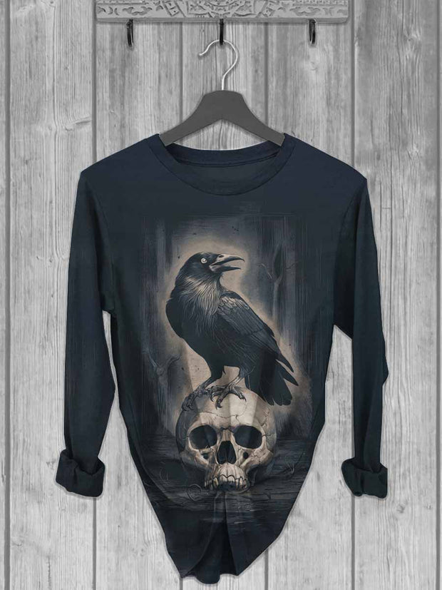 Unisex Halloween Skull Raven Print Casual Long Sleeve T-Shirt