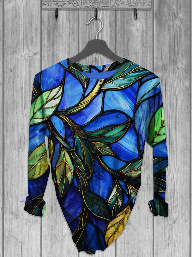 Unisex Abstract Glass Window Flower Print Long Sleeve T-Shirt