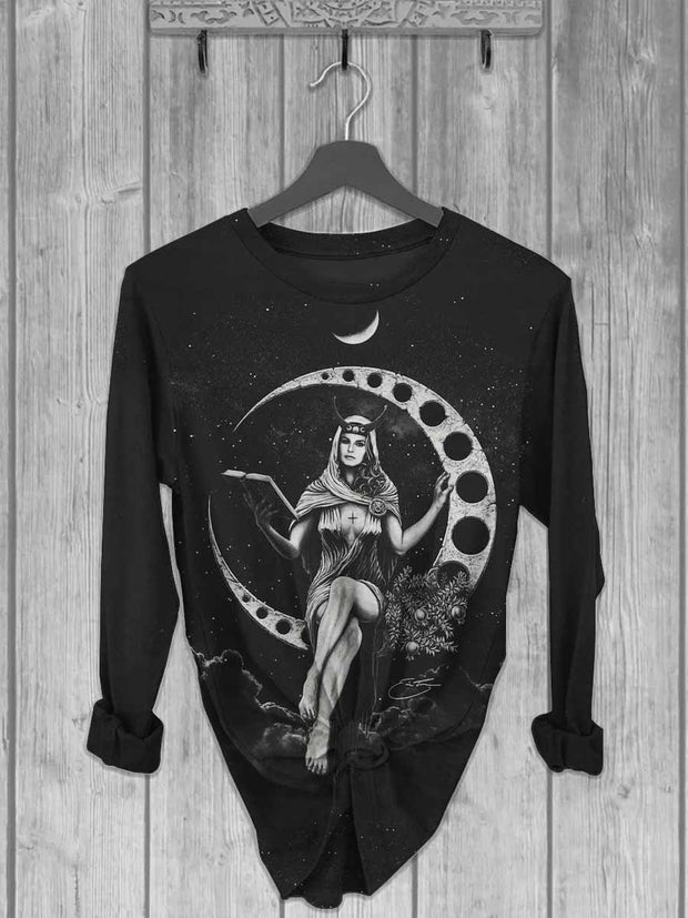 Unisex Moon Goddess Print Casual Long Sleeve T-Shirt