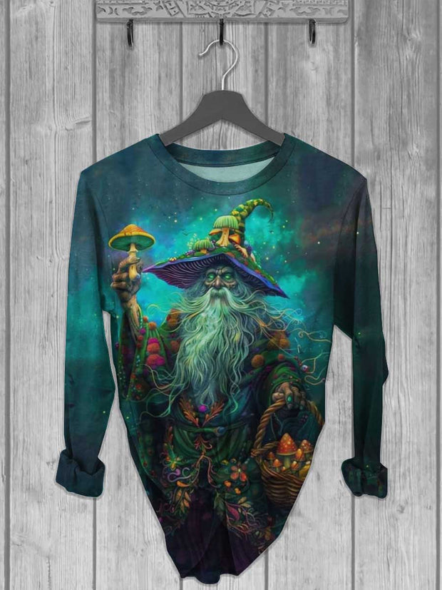 Unisex Mushroom Wizard Print Casual Long Sleeve T-Shirt