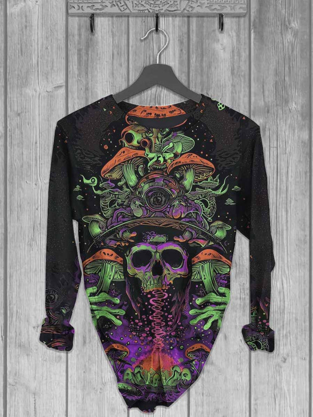 Unisex Halloween Mushroom Skull Print Casual Long Sleeve T-Shirt