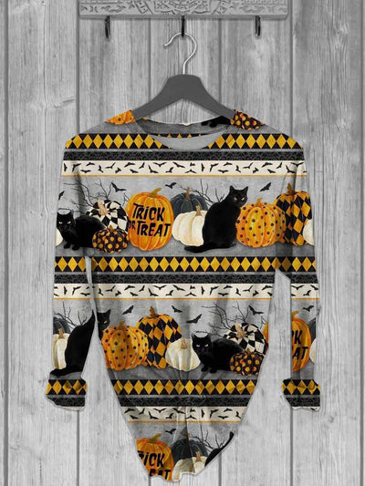 Unisex Halloween Cat Print Casual Long Sleeve T-Shirt