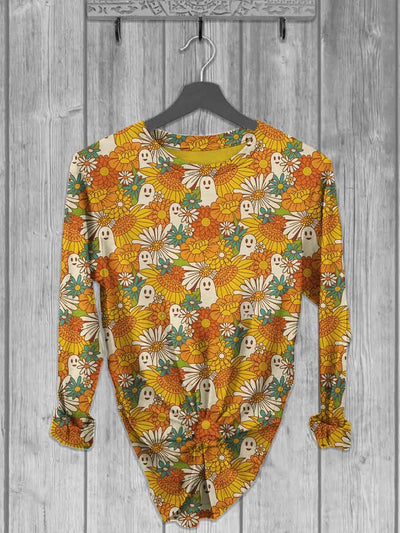 Unisex Halloween Ghost Floral Print Casual Long Sleeve T-Shirt