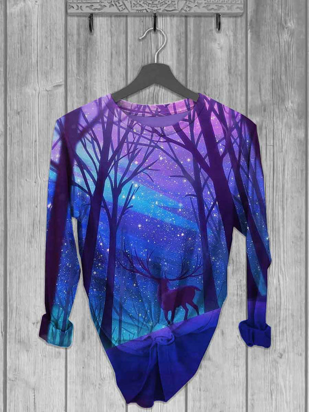 Unisex Deer Under The Stars Print Casual Long Sleeve T-shirt