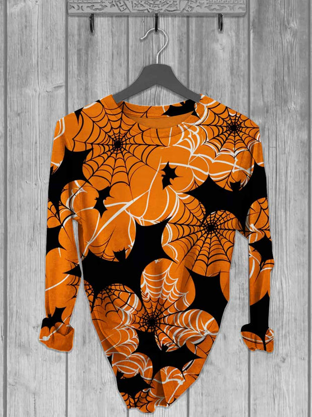 Unisex Halloween Bat Spider Web Printed Casual Long Sleeve T-Shirt