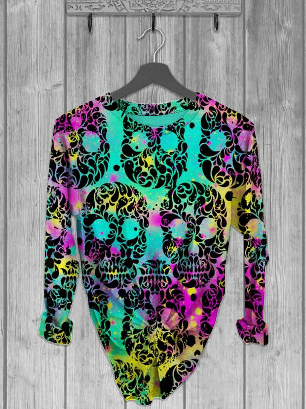 Unisex Halloween Colorful Gradient Skull Casual Long Sleeve T-shirt