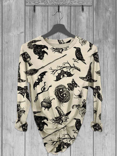 Unisex Halloween Witch Print Casual Long Sleeve T-Shirt