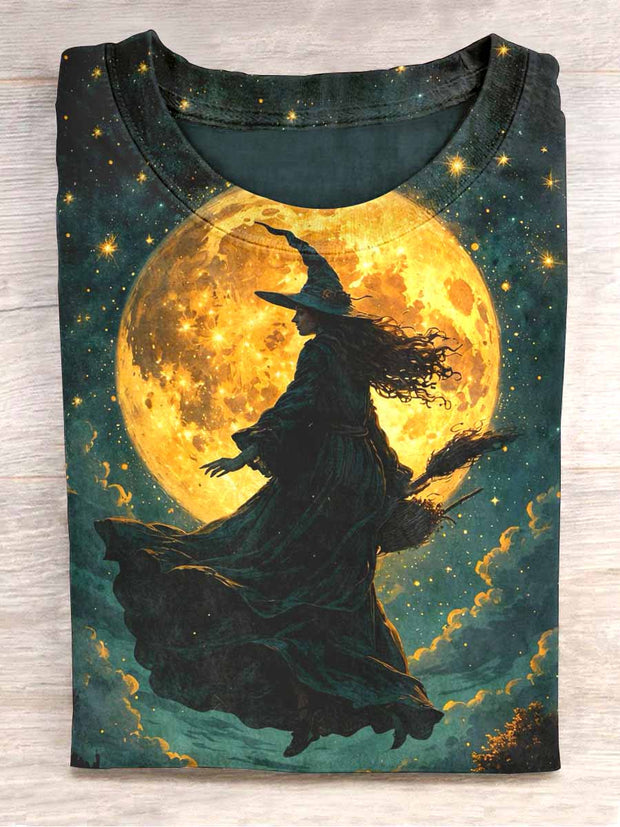 Unisex Halloween Witch Print Casual T-Shirt