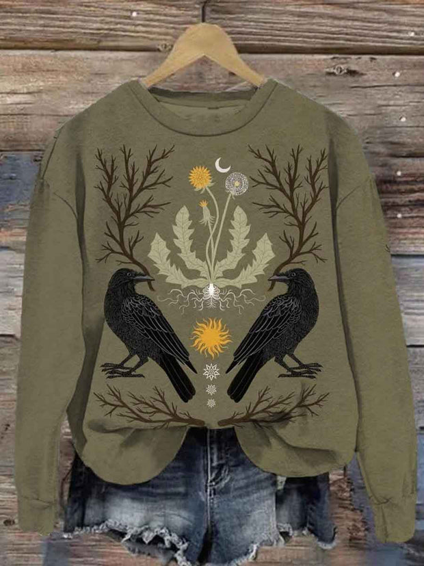 Unisex Vintage Crow Botanical Print Casual T-Shirt