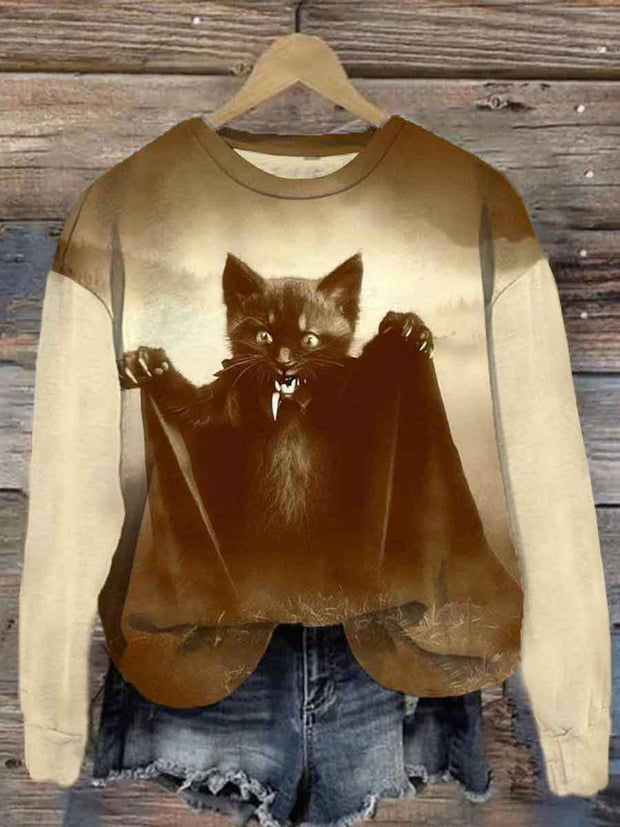 Unisex Halloween Bat Cat Print Casual Sweatshirt