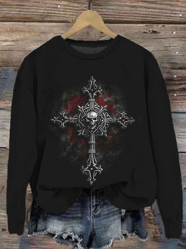 Unisex Halloween Cross Skull Print Casual Sweatshirt