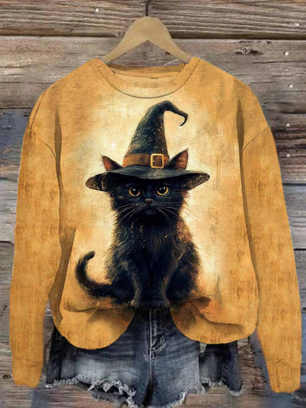 Unisex Halloween Witch Cat Print Casual Sweatshirt