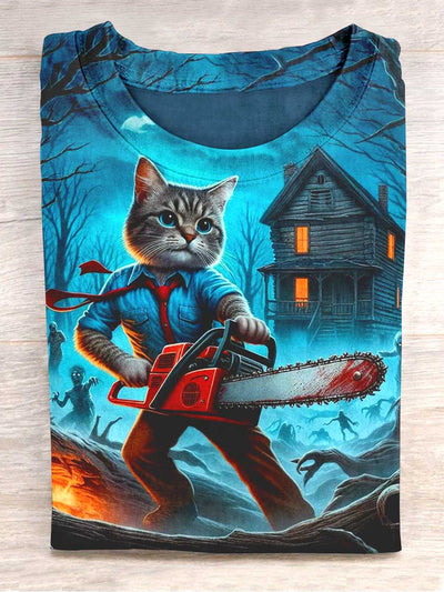 Unisex Halloween Chainsaw Cat Print Casual T-Shirt