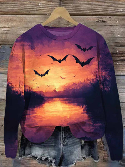 Unisex Halloween Sunset Bat Print Casual Sweatshirt