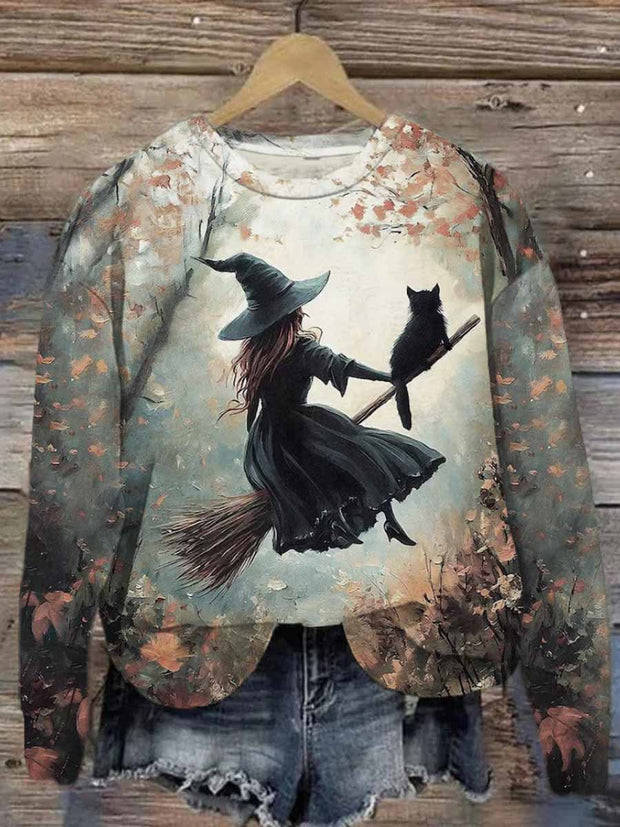 Unisex Halloween Witch Cat Print Casual Sweatshirt