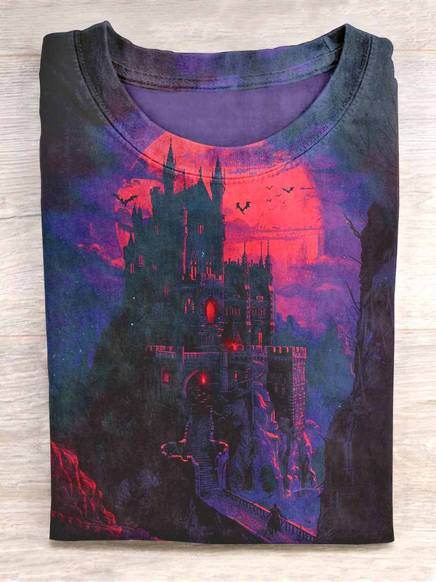 Unisex Halloween Castle Print Design Casual T-Shirt